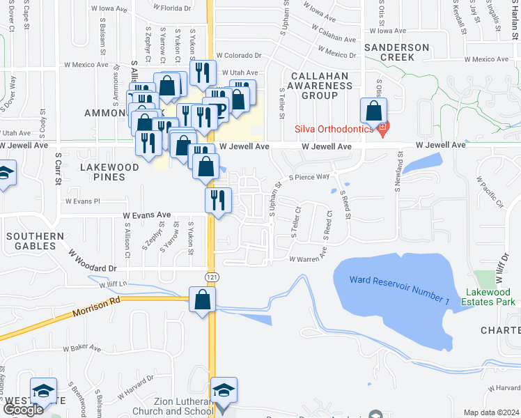 map of restaurants, bars, coffee shops, grocery stores, and more near 7244 West Pacific Avenue in Denver