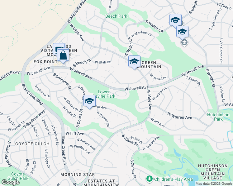 map of restaurants, bars, coffee shops, grocery stores, and more near 13187 West Asbury Circle in Lakewood