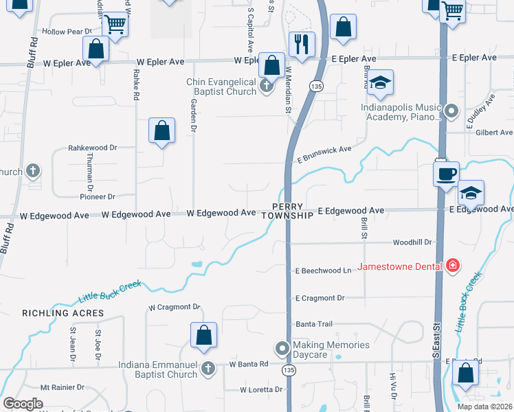 map of restaurants, bars, coffee shops, grocery stores, and more near 111 Charing Cross Road in Indianapolis