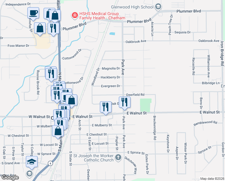 map of restaurants, bars, coffee shops, grocery stores, and more near 716 Evergreen Drive in Chatham