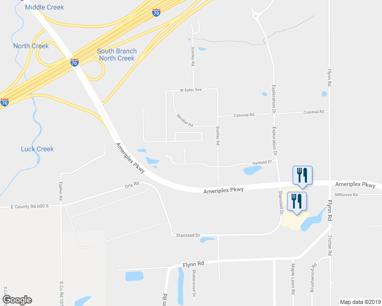 map of restaurants, bars, coffee shops, grocery stores, and more near 8910 Hatfield Drive in Indianapolis