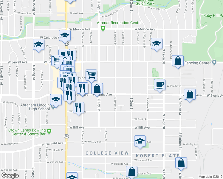 map of restaurants, bars, coffee shops, grocery stores, and more near 2617 West Evans Avenue in Denver