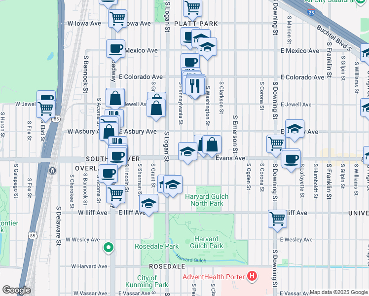 map of restaurants, bars, coffee shops, grocery stores, and more near 2047 South Pennsylvania Street in Denver