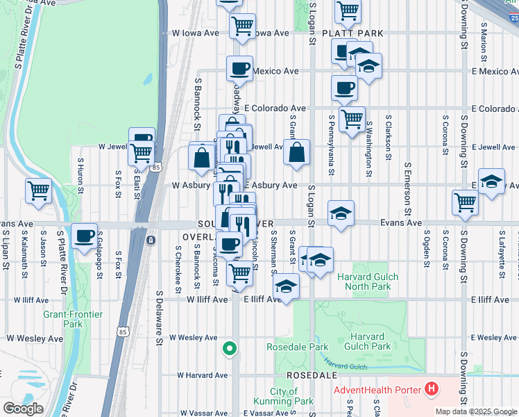 map of restaurants, bars, coffee shops, grocery stores, and more near 2057 South Lincoln Street in Denver