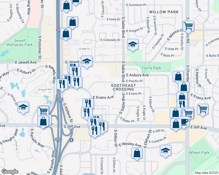 map of restaurants, bars, coffee shops, grocery stores, and more near 14221 East Evans Avenue in Aurora