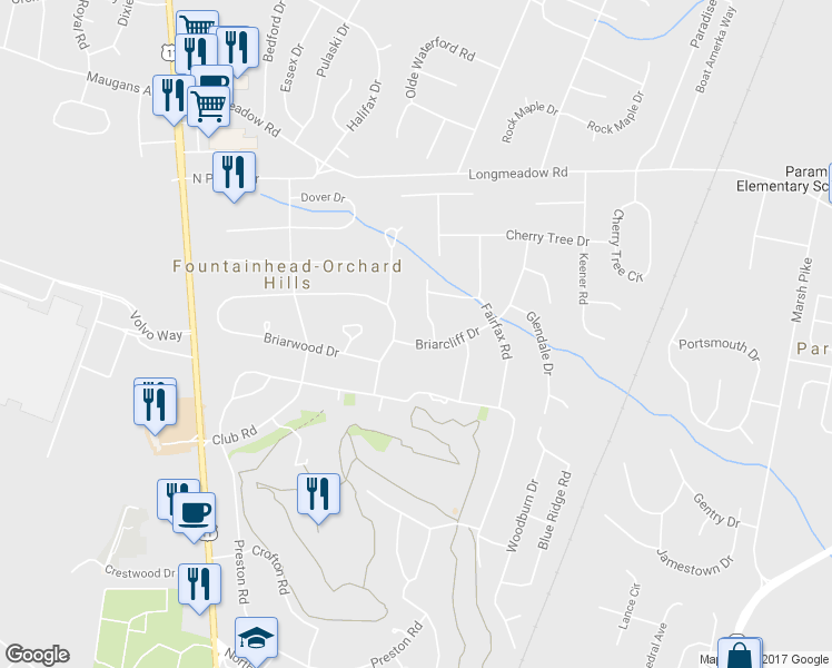 map of restaurants, bars, coffee shops, grocery stores, and more near 13208 Briarcliff Drive in Hagerstown