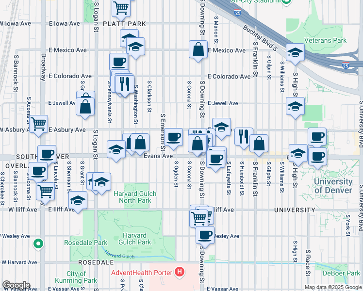 map of restaurants, bars, coffee shops, grocery stores, and more near 2056 South Ogden Street in Denver