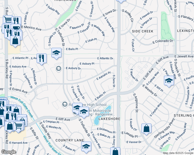 map of restaurants, bars, coffee shops, grocery stores, and more near 18161 East Evans Avenue in Aurora