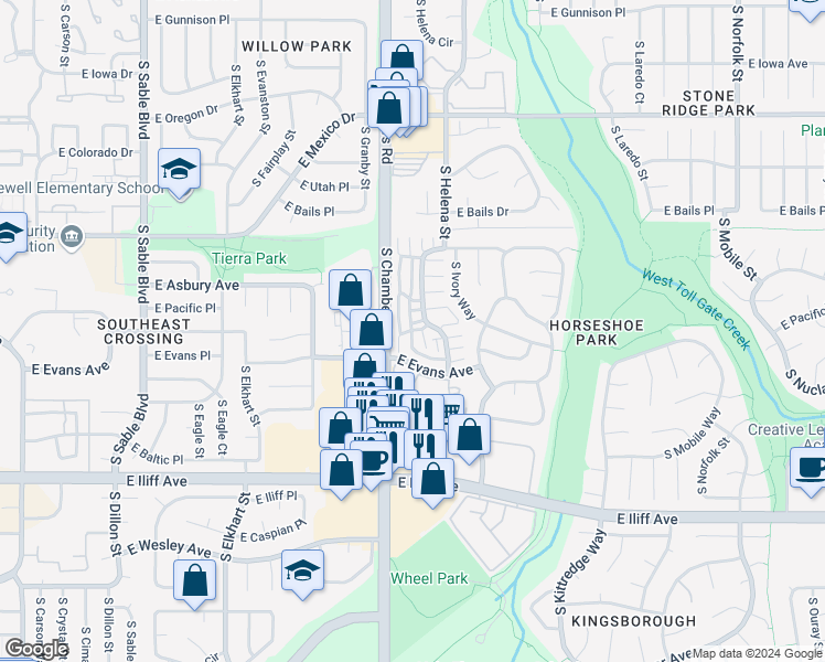 map of restaurants, bars, coffee shops, grocery stores, and more near 1980 South Hannibal Way in Aurora