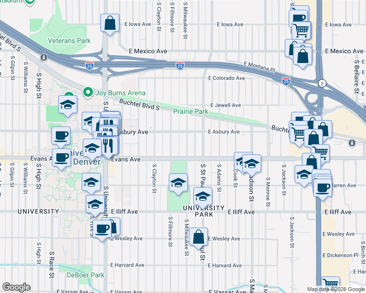 map of restaurants, bars, coffee shops, grocery stores, and more near 2047 South Milwaukee Street in Denver