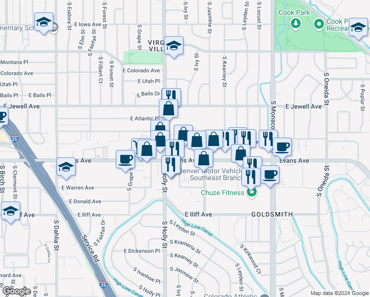 map of restaurants, bars, coffee shops, grocery stores, and more near 5787 E Evans Ave in Denver