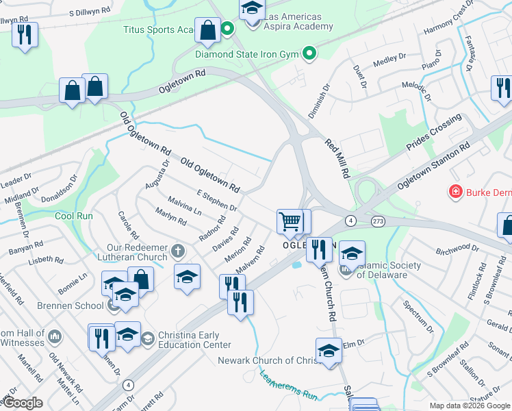map of restaurants, bars, coffee shops, grocery stores, and more near 3005 Old Ogletown Road in Newark