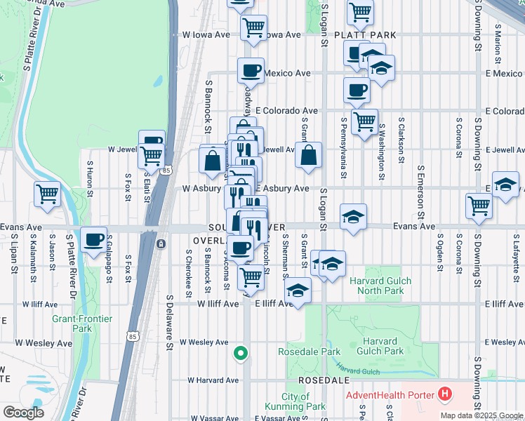map of restaurants, bars, coffee shops, grocery stores, and more near 2057 South Lincoln Street in Denver
