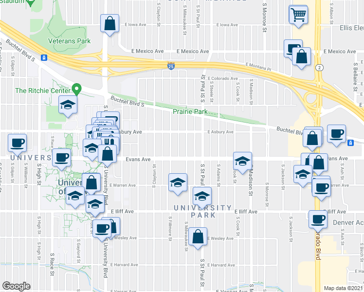map of restaurants, bars, coffee shops, grocery stores, and more near 2047 South Milwaukee Street in Denver