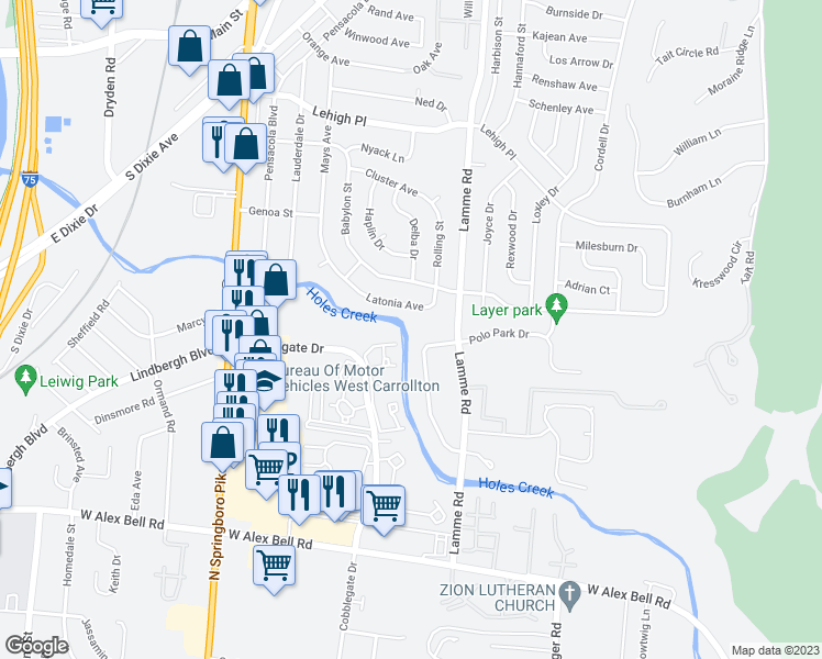 map of restaurants, bars, coffee shops, grocery stores, and more near 5069 Belle Isle Drive in Dayton