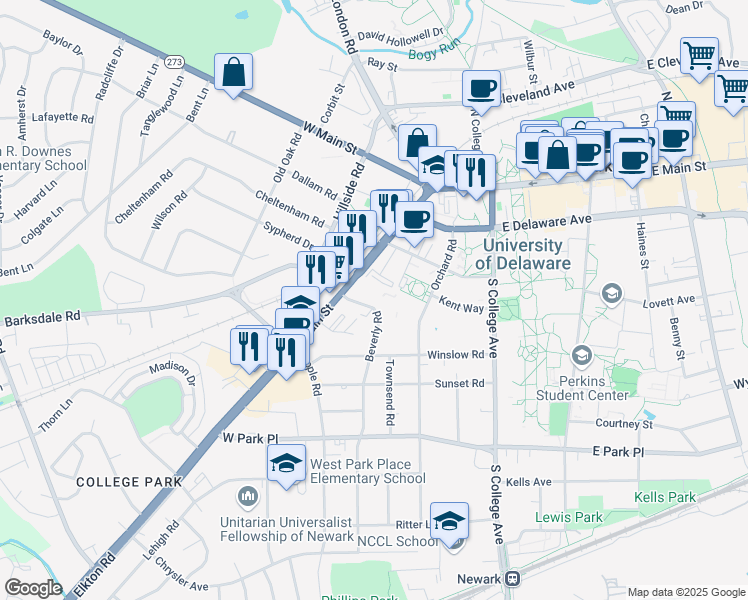 map of restaurants, bars, coffee shops, grocery stores, and more near 281 Beverly Road in Newark