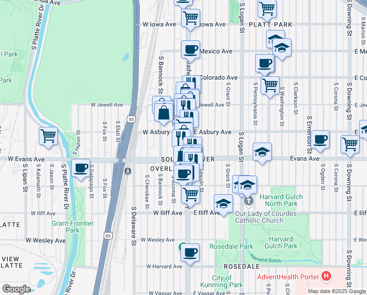 map of restaurants, bars, coffee shops, grocery stores, and more near 2041 South Broadway in Denver