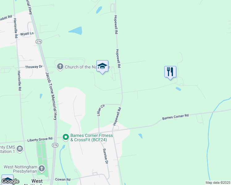 map of restaurants, bars, coffee shops, grocery stores, and more near 596 Hopewell Road in Rising Sun