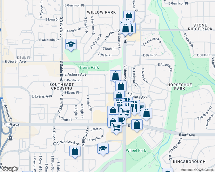 map of restaurants, bars, coffee shops, grocery stores, and more near 2050 South Fairplay Street in Aurora