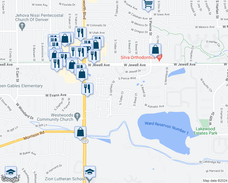 map of restaurants, bars, coffee shops, grocery stores, and more near 7244 West Pacific Avenue in Denver