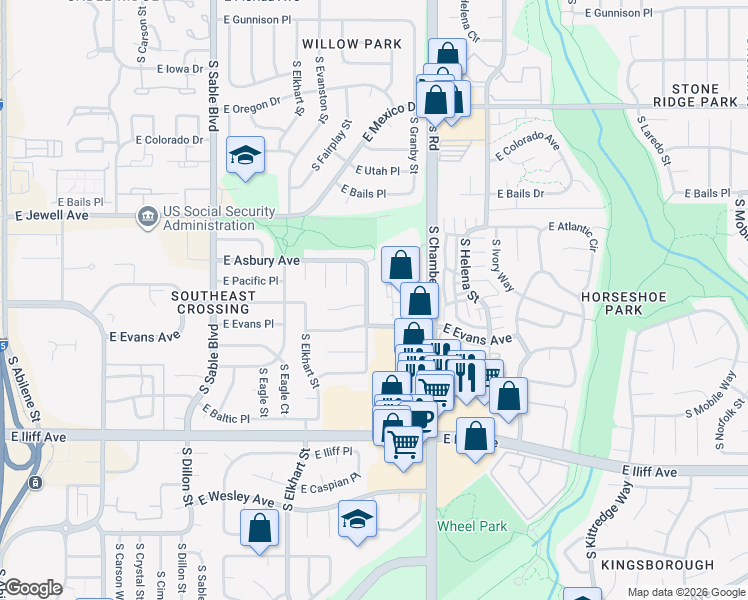 map of restaurants, bars, coffee shops, grocery stores, and more near 2050 South Fairplay Street in Aurora