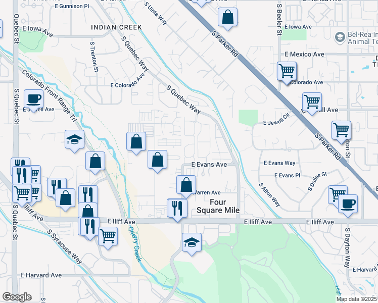 map of restaurants, bars, coffee shops, grocery stores, and more near 8555 East Evans Avenue in Denver