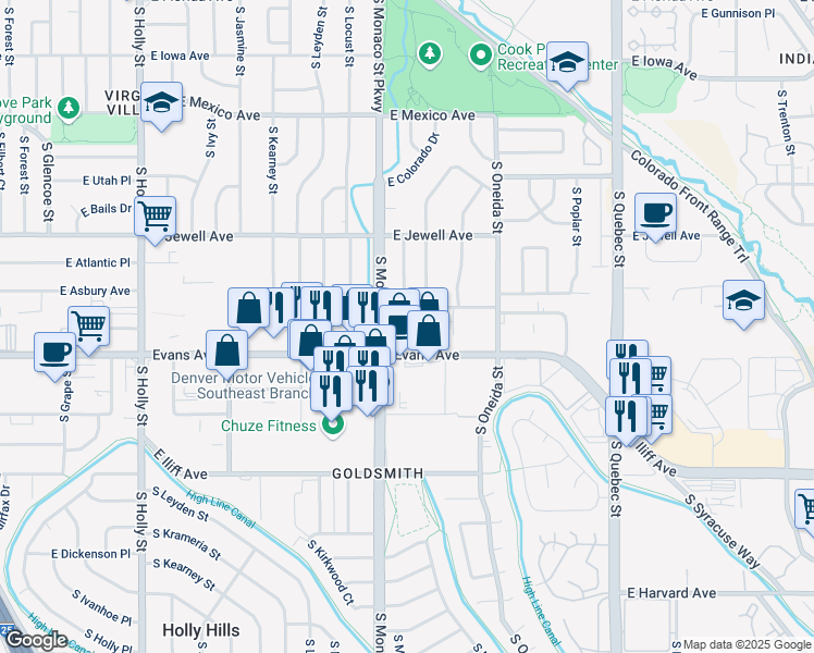 map of restaurants, bars, coffee shops, grocery stores, and more near 2070 South Monaco Parkway in Denver
