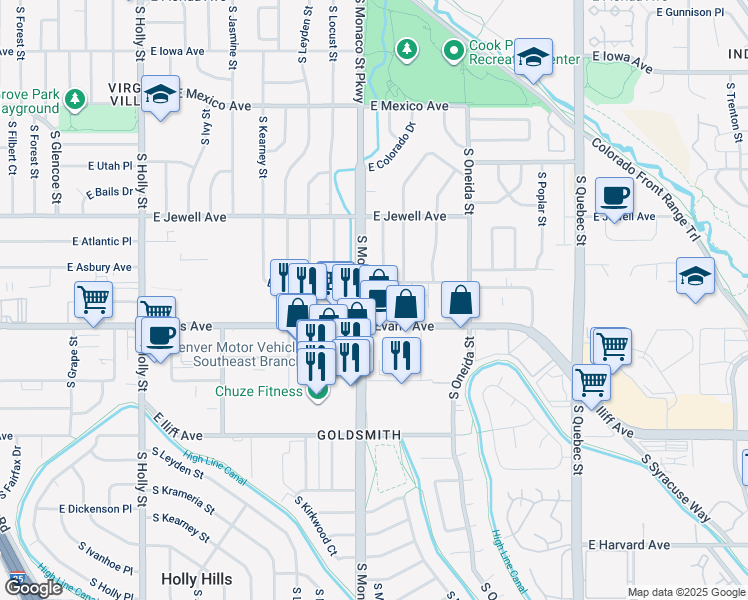 map of restaurants, bars, coffee shops, grocery stores, and more near 6500 East Asbury Avenue in Denver
