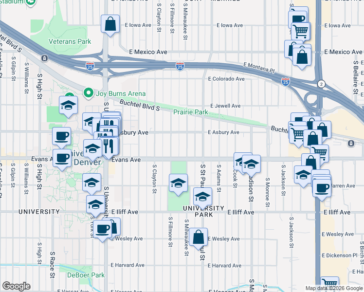 map of restaurants, bars, coffee shops, grocery stores, and more near 2039 South Milwaukee Street in Denver