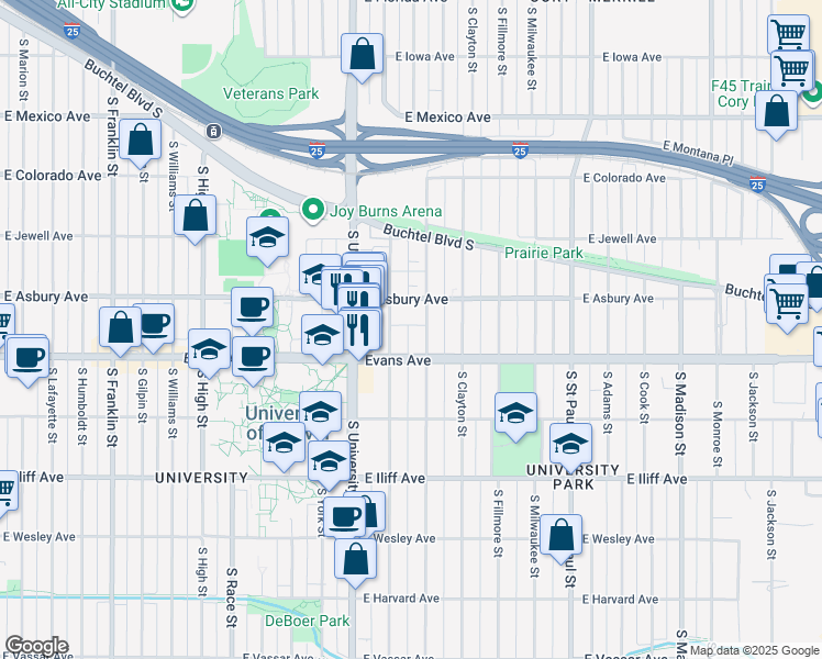 map of restaurants, bars, coffee shops, grocery stores, and more near 2036 South Columbine Street in Denver