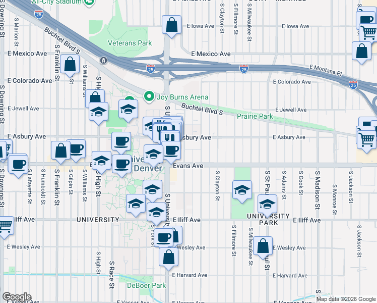 map of restaurants, bars, coffee shops, grocery stores, and more near 2040 South Josephine Street in Denver