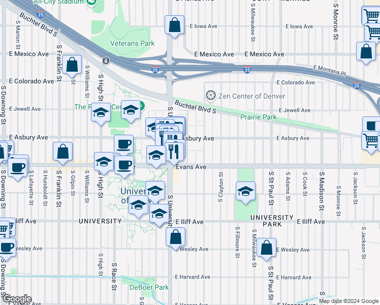 map of restaurants, bars, coffee shops, grocery stores, and more near 2040 South Josephine Street in Denver