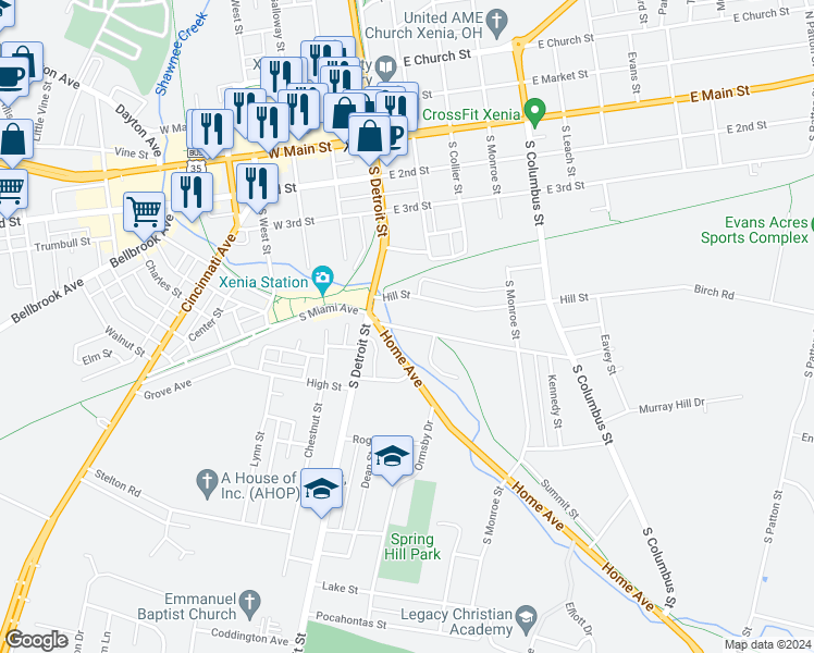 map of restaurants, bars, coffee shops, grocery stores, and more near 95 Hill Street in Xenia