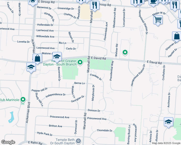 map of restaurants, bars, coffee shops, grocery stores, and more near 1309 Partridge Run Circle in Dayton