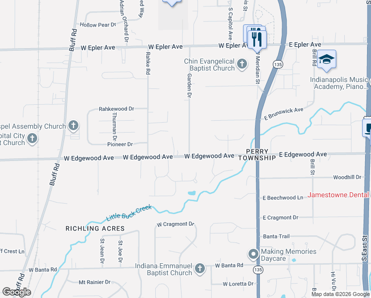 map of restaurants, bars, coffee shops, grocery stores, and more near 340 West Edgewood Avenue in Indianapolis