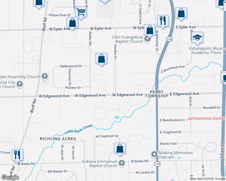 map of restaurants, bars, coffee shops, grocery stores, and more near 340 West Edgewood Avenue in Indianapolis