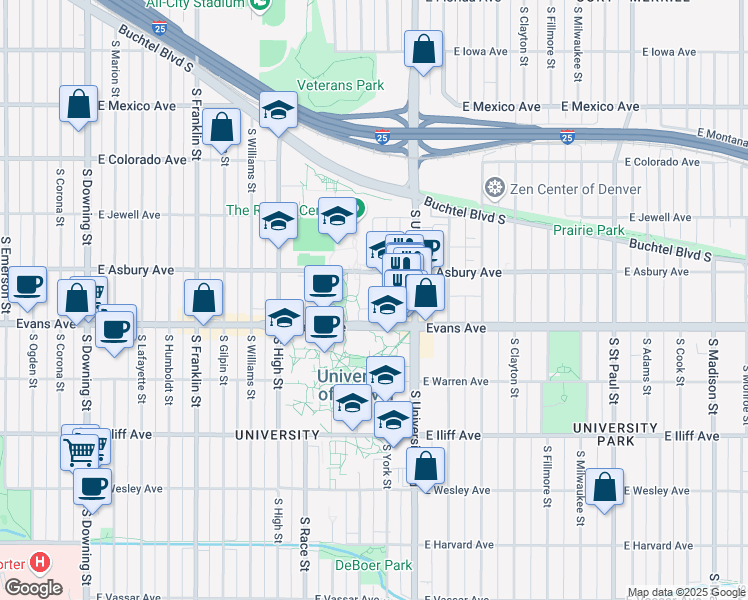 map of restaurants, bars, coffee shops, grocery stores, and more near 2255 East Evans Avenue in Denver