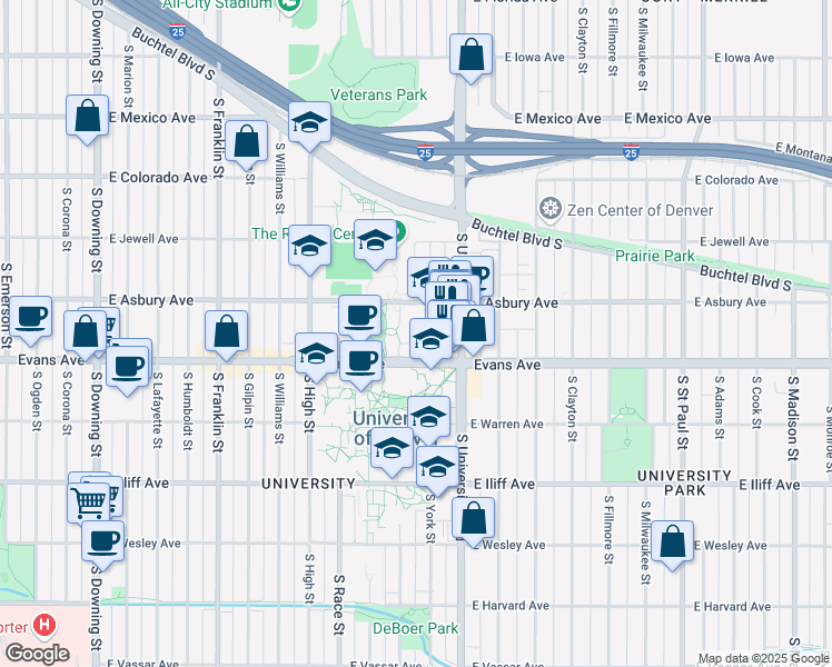 map of restaurants, bars, coffee shops, grocery stores, and more near 2255 East Evans Avenue in Denver