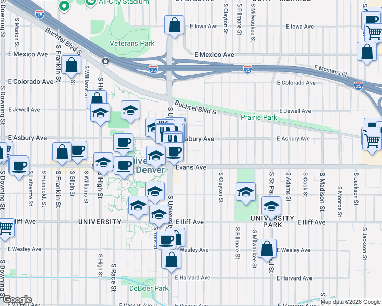 map of restaurants, bars, coffee shops, grocery stores, and more near 2040 South Josephine Street in Denver
