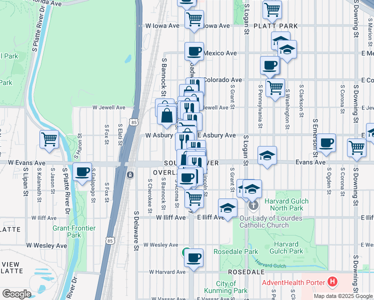 map of restaurants, bars, coffee shops, grocery stores, and more near 2041 S Broadway in Denver
