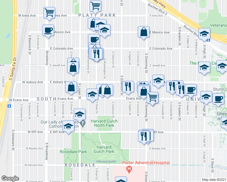 map of restaurants, bars, coffee shops, grocery stores, and more near 2054 South Clarkson Street in Denver