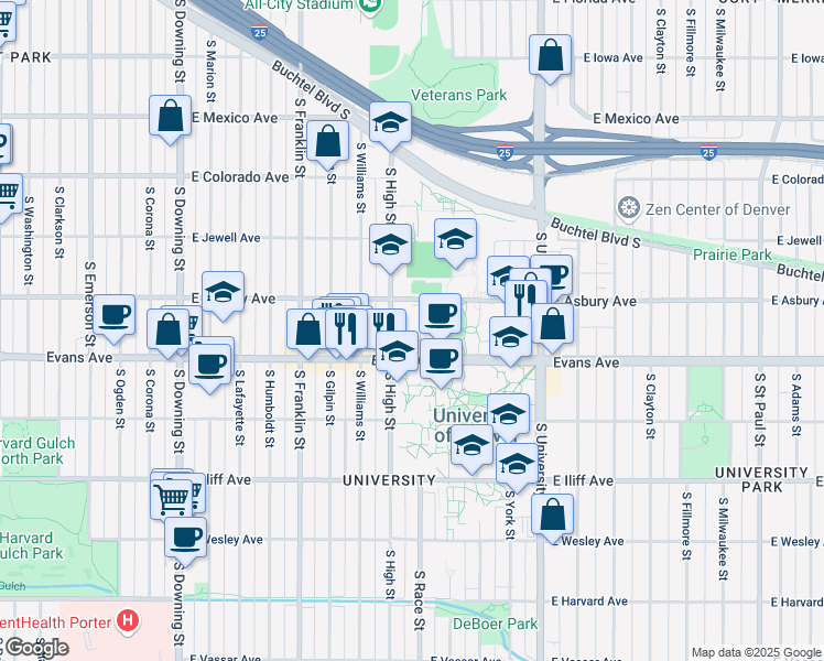 map of restaurants, bars, coffee shops, grocery stores, and more near 2020 South High Street in Denver