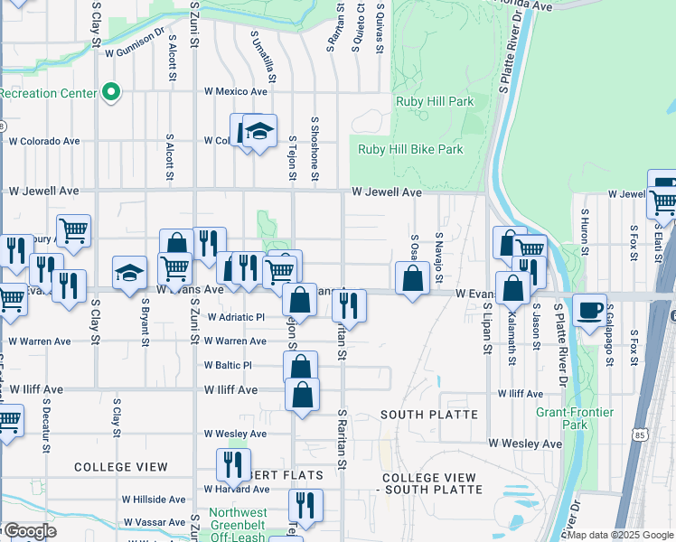 map of restaurants, bars, coffee shops, grocery stores, and more near 2055 South Raritan Street in Denver