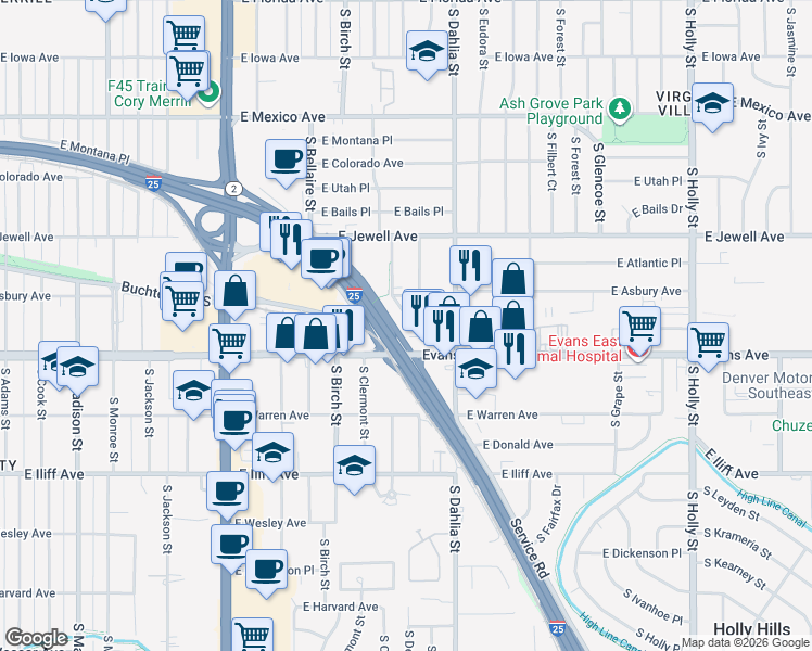 map of restaurants, bars, coffee shops, grocery stores, and more near 4630 East Asbury Circle in Denver