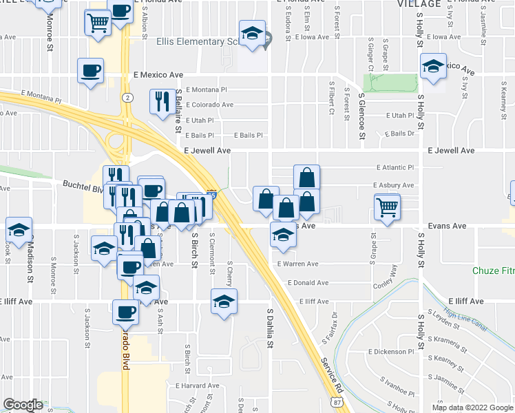 map of restaurants, bars, coffee shops, grocery stores, and more near 4660 East Asbury Circle in Denver