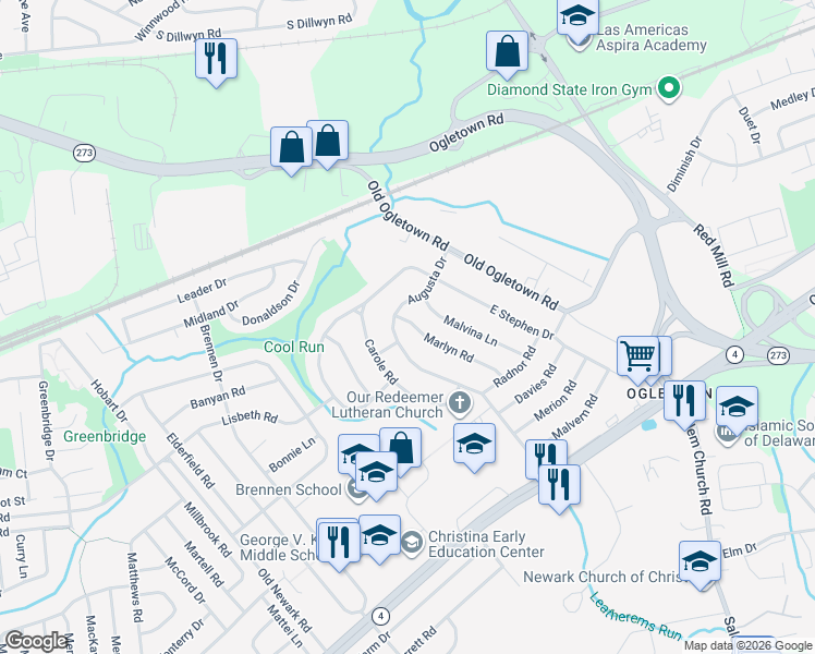 map of restaurants, bars, coffee shops, grocery stores, and more near 23 Augusta Drive in Newark