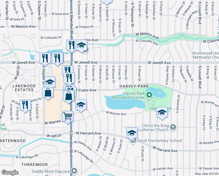 map of restaurants, bars, coffee shops, grocery stores, and more near 2080 South Wolff Street in Denver