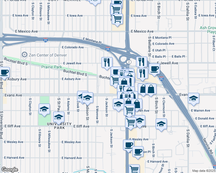 map of restaurants, bars, coffee shops, grocery stores, and more near 3800 Buchtel Boulevard South in Denver