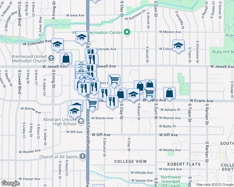 map of restaurants, bars, coffee shops, grocery stores, and more near 2727 West Evans Avenue in Denver
