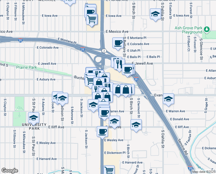 map of restaurants, bars, coffee shops, grocery stores, and more near 2024 South Colorado Boulevard in Denver